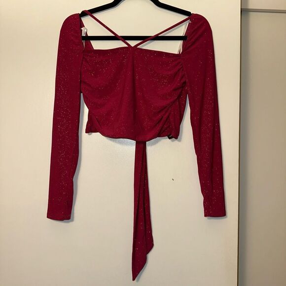 Lulus Medium Dark Pink Glitter Ruched Crop Top Long Sleeve Back Tie NWT - Picture 1 of 8